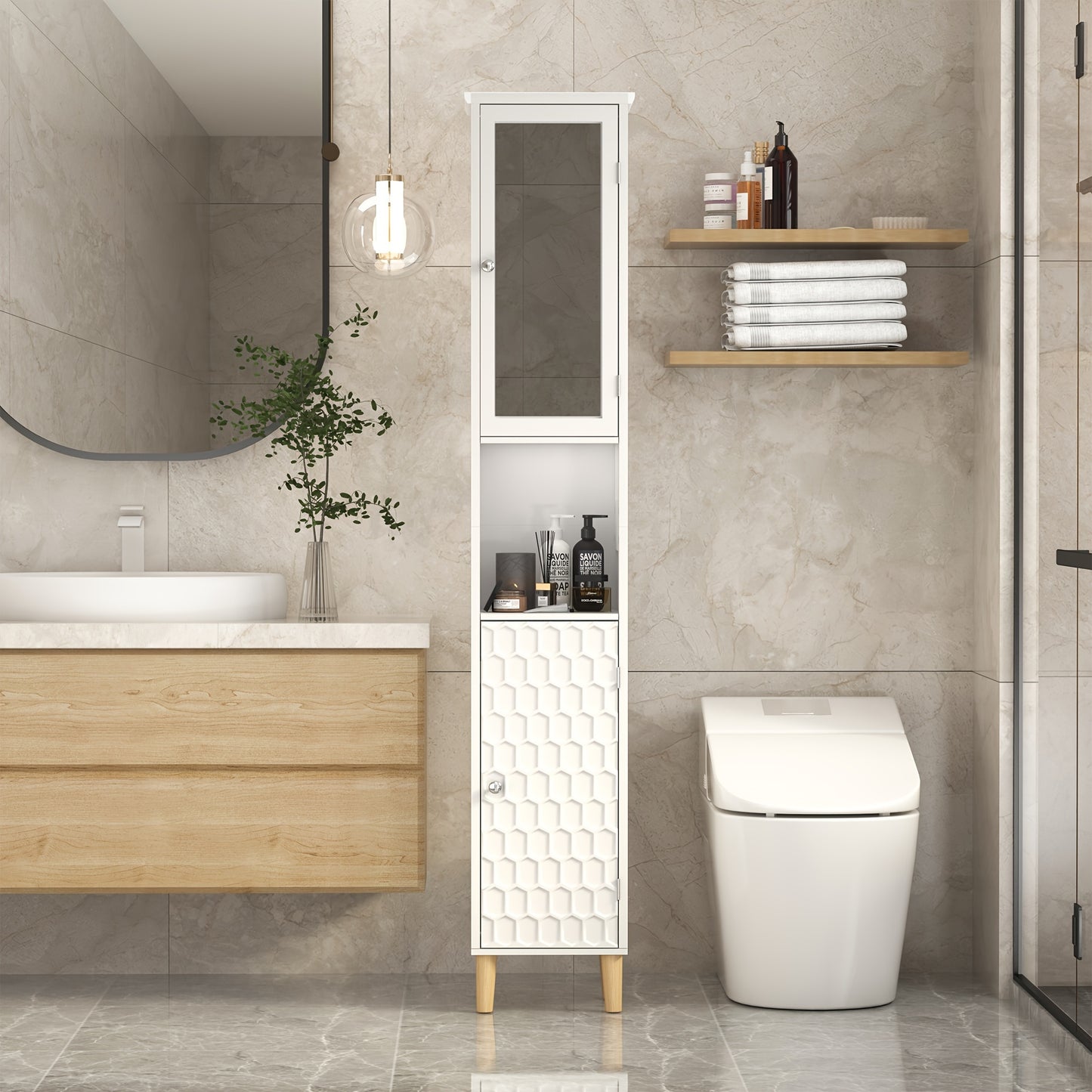 SOGES Bathroom Tall Storage Cabinet with 3-Tier Open Shelves, Freestanding Tall BathroomCabinets with 1-Mirror Door, Tall Lined Tower for Bathroom, Living Room and Bedroom, White