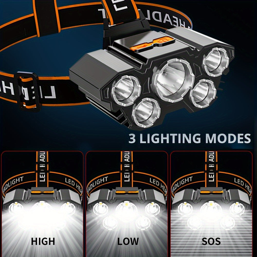 5 LED Super Bright Headlamp - Ultra Brightness, Durable Waterproof - Hands-Free for Camping, Hiking, Cycling, Hunting - Ideal Outdoor Head Flashlight