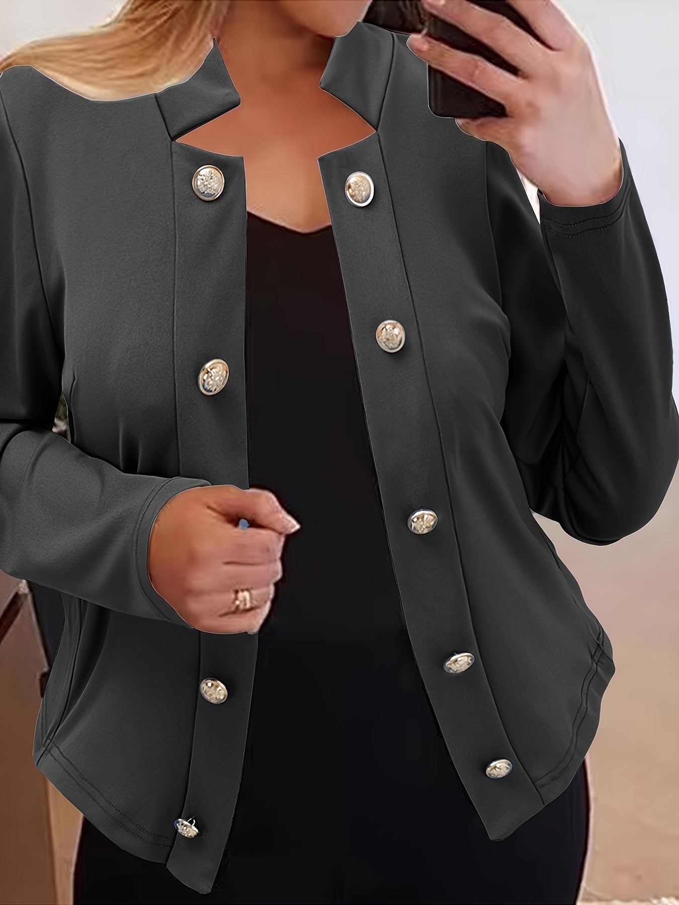 Open Front Solid Blazer, Casual Long Sleeve Simple Outerwear With Buttons, Women's Clothing