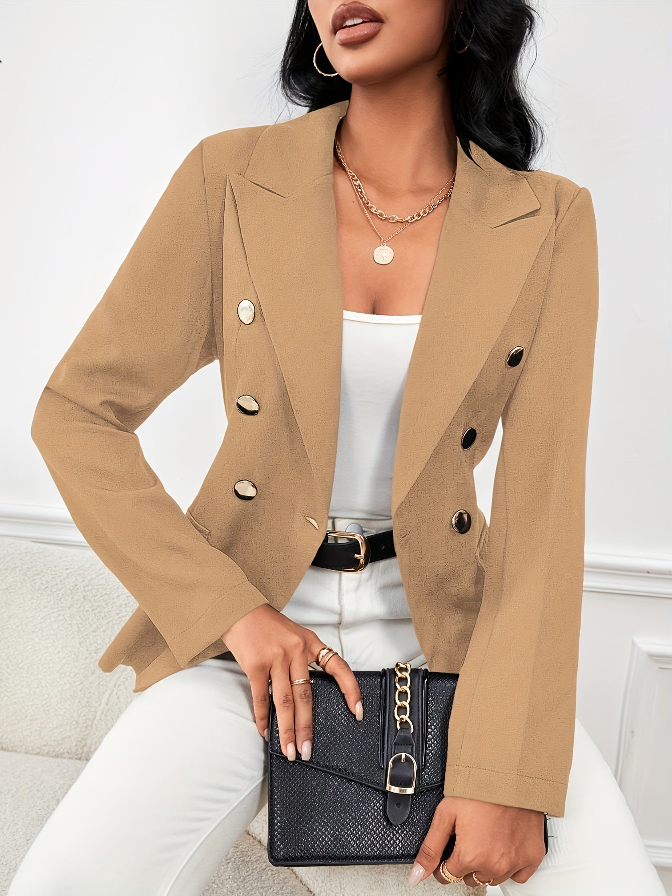 Winter & Fall Essential - Elegant Long Sleeve Double Breasted Solid Color Pea Coat Blazer - Unlined, Micro Elasticity, Polyester Material, Regular Length, No Belt, Button Details