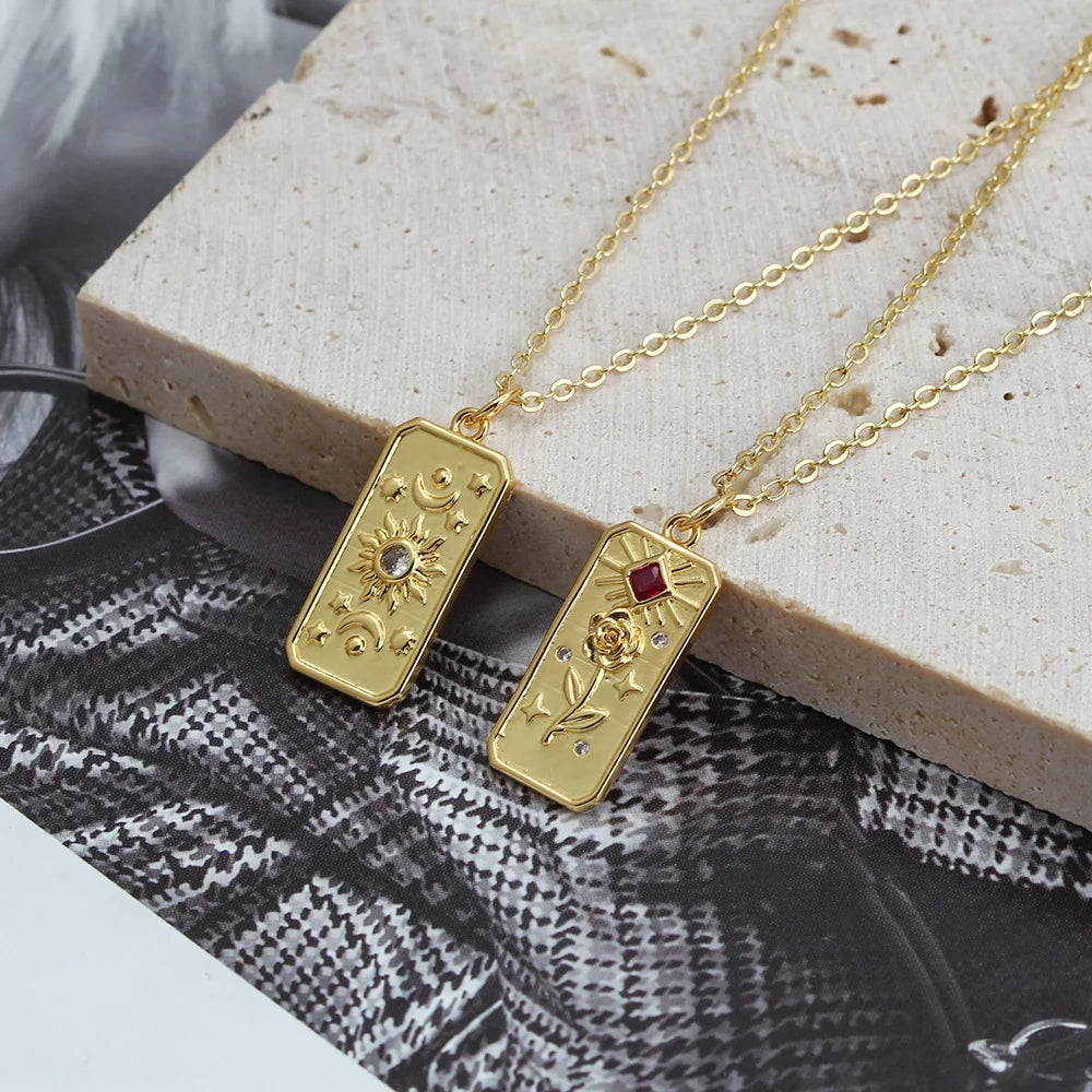 Wish Card Tarot Enamel Pendant Necklace Star Moon Rose Charm Necklace For Women Fashion Jewelry Party Gift Gold Color Necklace