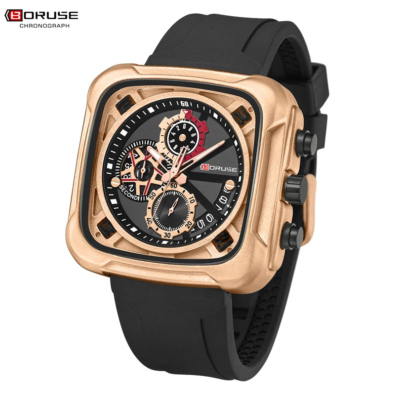 BORUSE Mens Chronograph Watches for Men Red Silicone Watches Male Business Quartz Clock Waterproof Watch