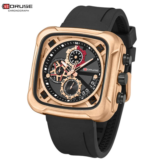 BORUSE Mens Chronograph Watches for Men Red Silicone Watches Male Business Quartz Clock Waterproof Watch