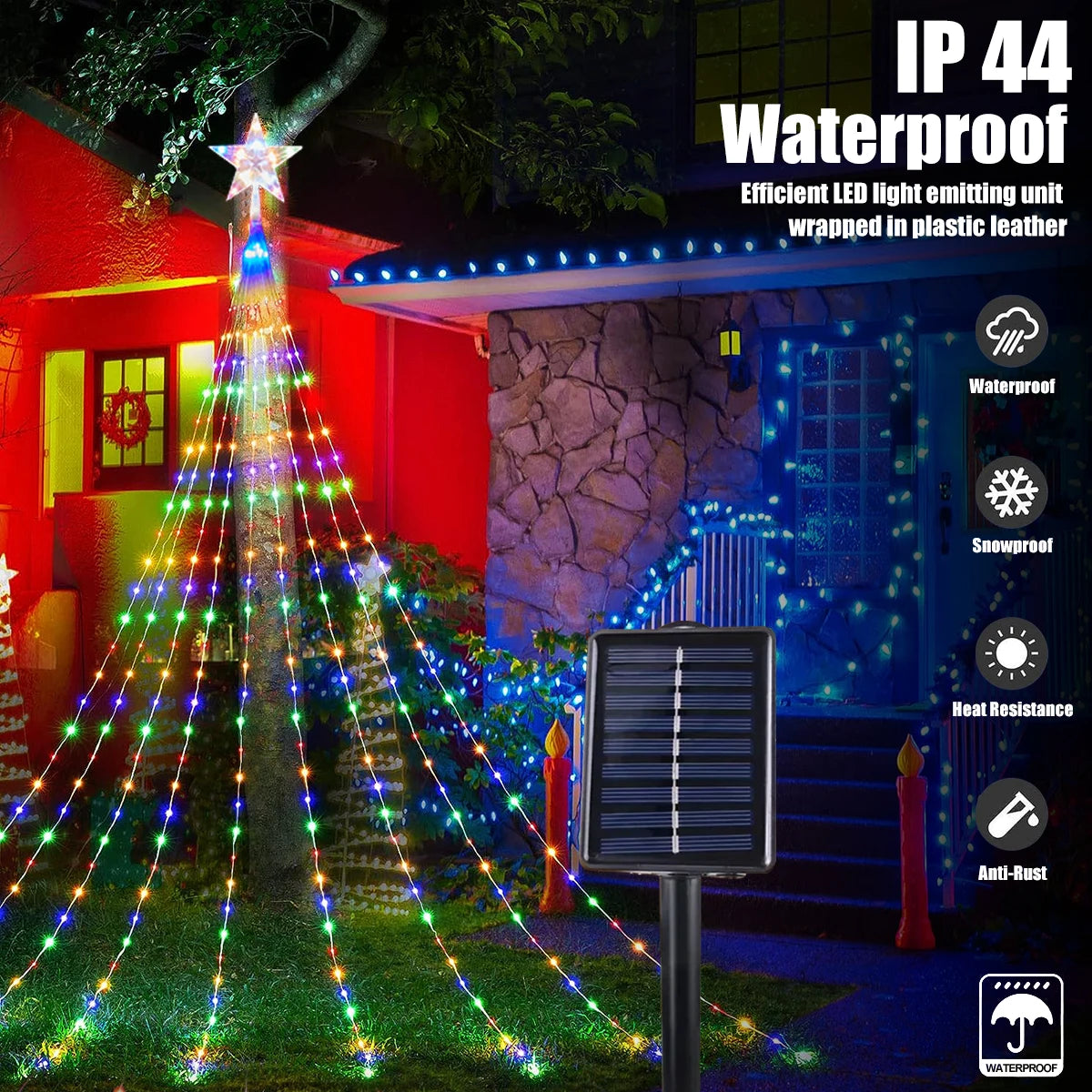 Solar Five-Pointed Star Waterfall Light Christmas Tree Decorations For Garden Pendant New year's eve Decorations Supplies 2024