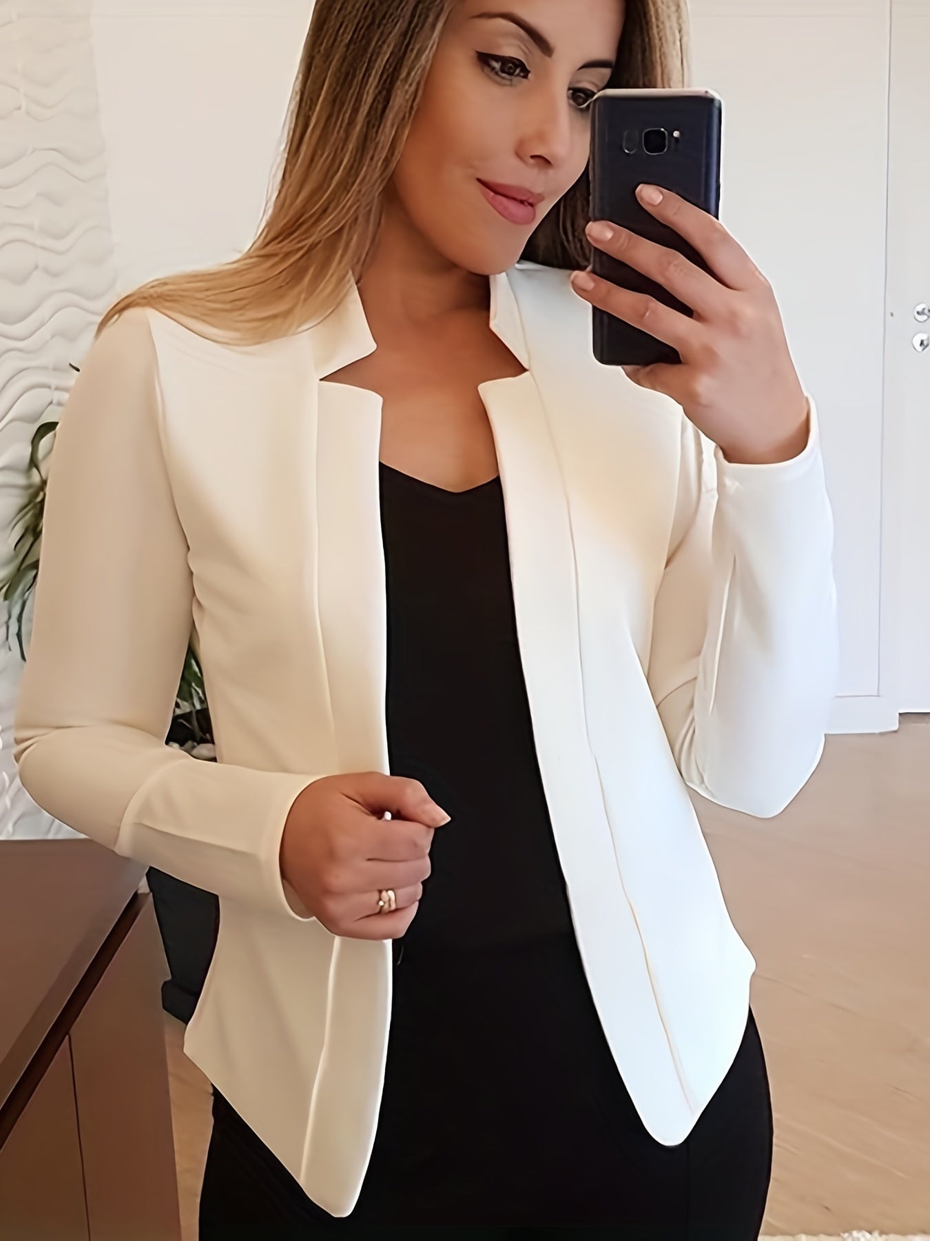 Chic Womens Fitted Blazer - Versatile Open Front Design - Tailored for Office Elegance - Long Sleeve Comfort