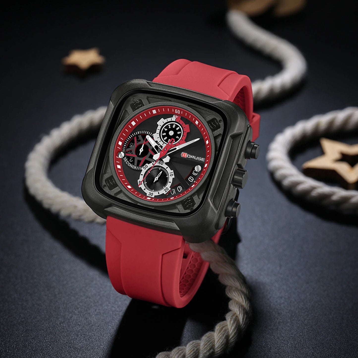 BORUSE Mens Chronograph Watches for Men Red Silicone Watches Male Business Quartz Clock Waterproof Watch