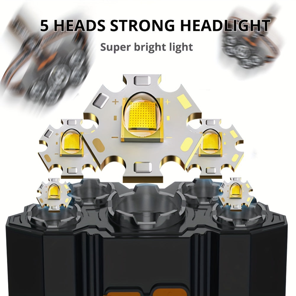 5 LED Super Bright Headlamp - Ultra Brightness, Durable Waterproof - Hands-Free for Camping, Hiking, Cycling, Hunting - Ideal Outdoor Head Flashlight