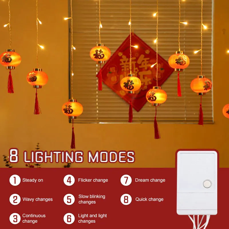 2025 Chinese New Year Decoration 8 Mode Chinese Lantern String Light Traditional Festival LED Red Lantern For Outdoor And Indoor