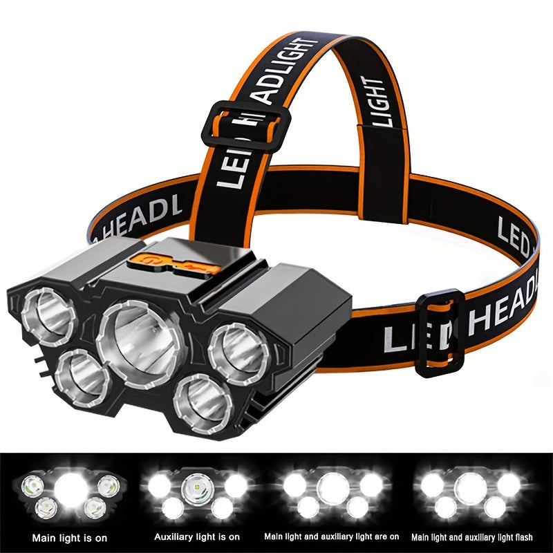 5 LED Super Bright Headlamp - Ultra Brightness, Durable Waterproof - Hands-Free for Camping, Hiking, Cycling, Hunting - Ideal Outdoor Head Flashlight