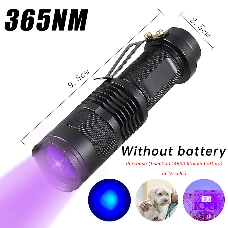 Portable LED UV Flashlight Ultra Violet Torch Zoomable 395/365nm Waterproof Inspection Lamp Pet Urine Stain Detector Lamp Tools
