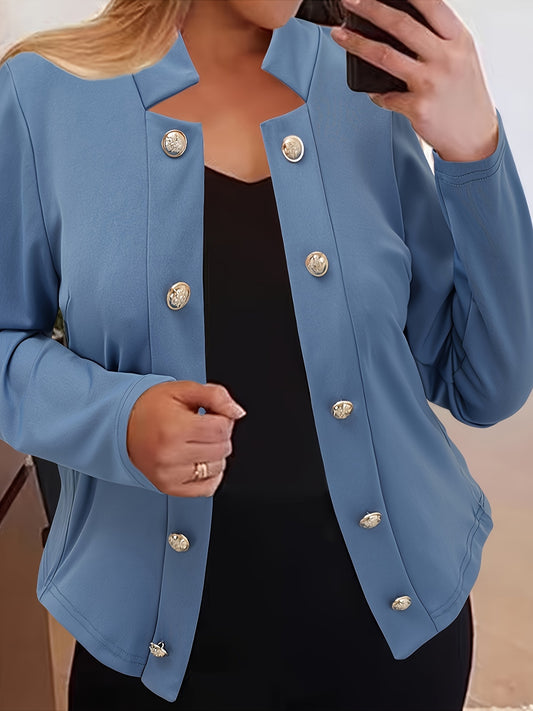 Open Front Solid Blazer, Casual Long Sleeve Simple Outerwear With Buttons, Women's Clothing