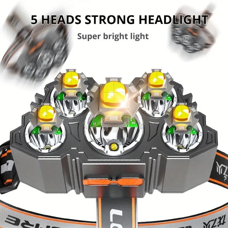 1pc 5 LED Headlamp, Rechargeable with Built in 18650 Battery Strong Light Headlight, Camping Adventure Fishing Head Light Flashlight
