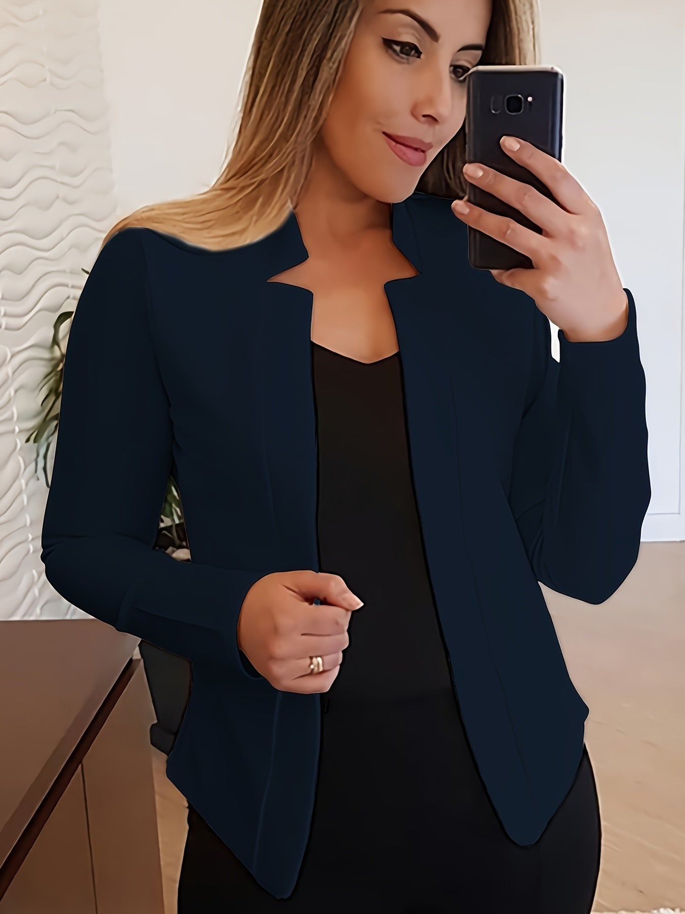 Chic Womens Fitted Blazer - Versatile Open Front Design - Tailored for Office Elegance - Long Sleeve Comfort