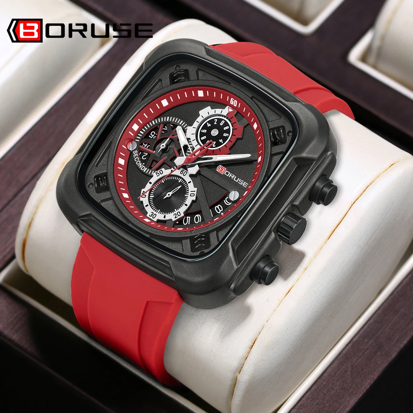BORUSE Mens Chronograph Watches for Men Red Silicone Watches Male Business Quartz Clock Waterproof Watch