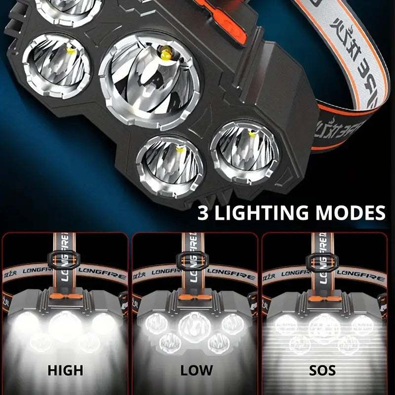 1pc 5 LED Headlamp, Rechargeable with Built in 18650 Battery Strong Light Headlight, Camping Adventure Fishing Head Light Flashlight