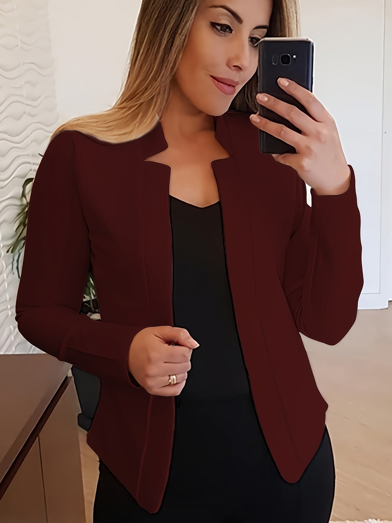 Chic Womens Fitted Blazer - Versatile Open Front Design - Tailored for Office Elegance - Long Sleeve Comfort