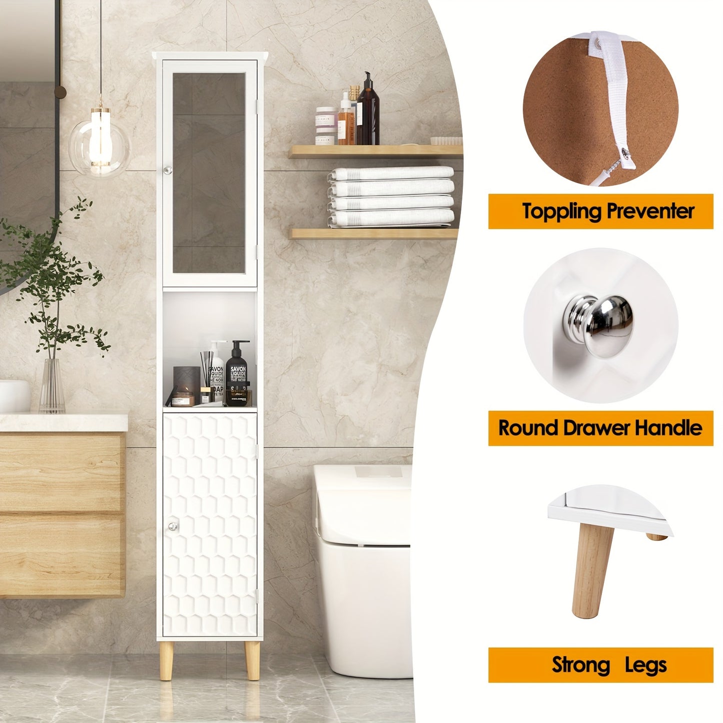SOGES Bathroom Tall Storage Cabinet with 3-Tier Open Shelves, Freestanding Tall BathroomCabinets with 1-Mirror Door, Tall Lined Tower for Bathroom, Living Room and Bedroom, White