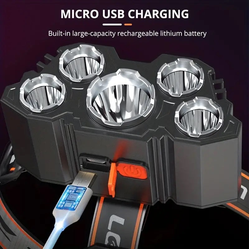 1pc 5 LED Headlamp, Rechargeable with Built in 18650 Battery Strong Light Headlight, Camping Adventure Fishing Head Light Flashlight