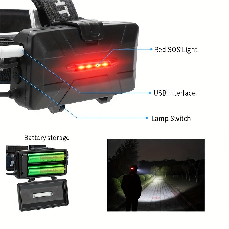 Rechargeable Headlamp, 8 LED Headlamp with Red Light, USB Headlight, Head Lamp, 8 Modes for Outdoor Running Hunting Hiking Camping Gear
