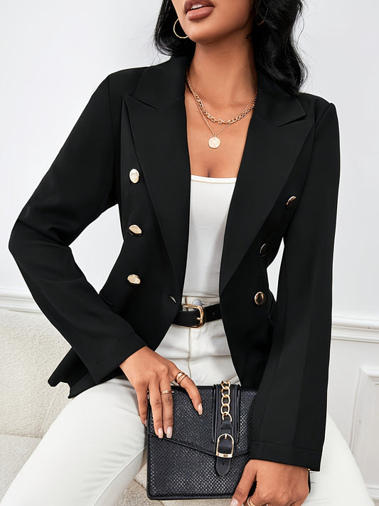 Winter & Fall Essential - Elegant Long Sleeve Double Breasted Solid Color Pea Coat Blazer - Unlined, Micro Elasticity, Polyester Material, Regular Length, No Belt, Button Details