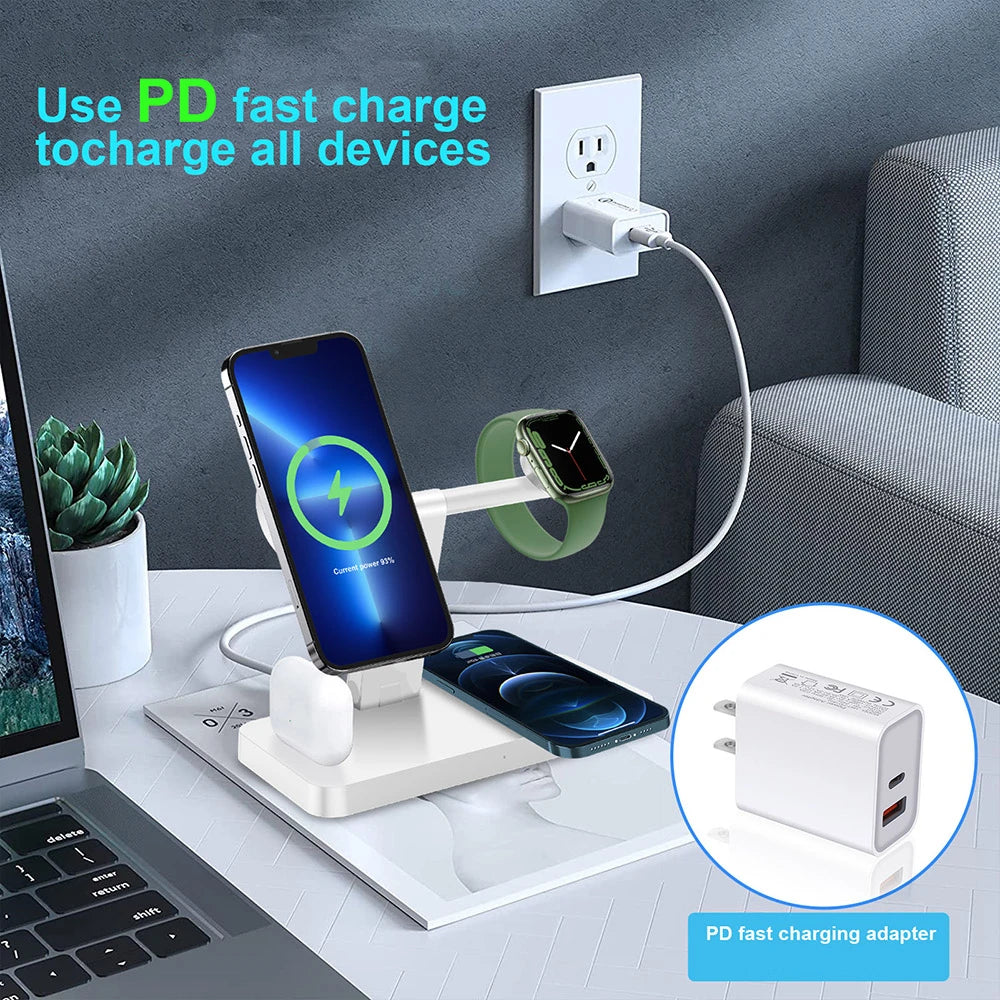 35W Magnetic Wireless Charger Stand Dock For iPhone 15 14 13 Pro Max Mini Apple iWatch 9 8 7 Airpods 3 PD Fast Charging Station