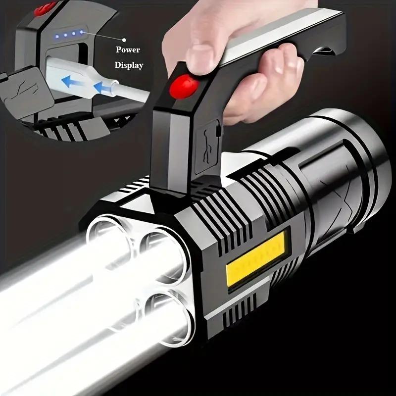 Handheld Strong Light Flashlight USB Rechargeable LED Flashlights with Two Types of Light, Super Bright Long Range Flashlight with 4 Modes, Large Searchlight for Fishing, Hiking and Camping