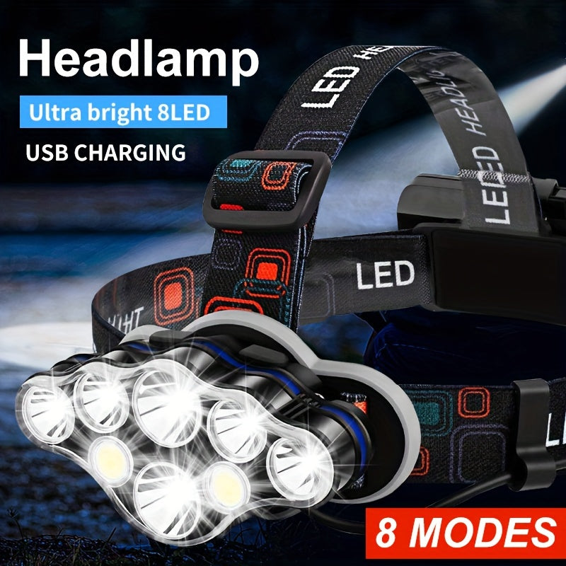 Rechargeable Headlamp, 8 LED Headlamp with Red Light, USB Headlight, Head Lamp, 8 Modes for Outdoor Running Hunting Hiking Camping Gear