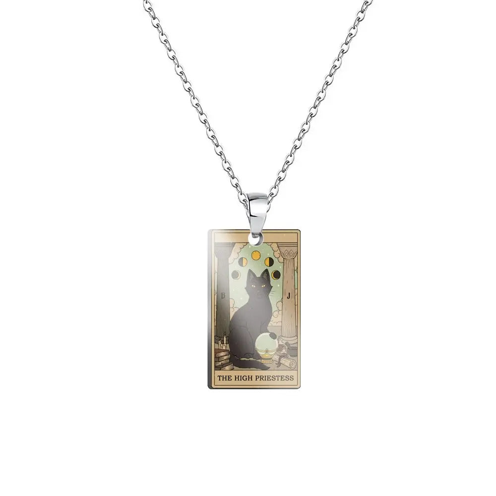 Weite Da Alcana Tarot Card Pendant Necklace Fashion Cartoon Cute Cat Tarot Card Clavicle Necklace Statement Jewelry Accessories