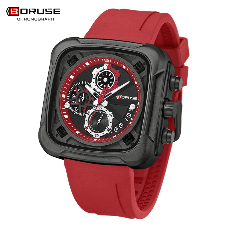 BORUSE Mens Chronograph Watches for Men Red Silicone Watches Male Business Quartz Clock Waterproof Watch