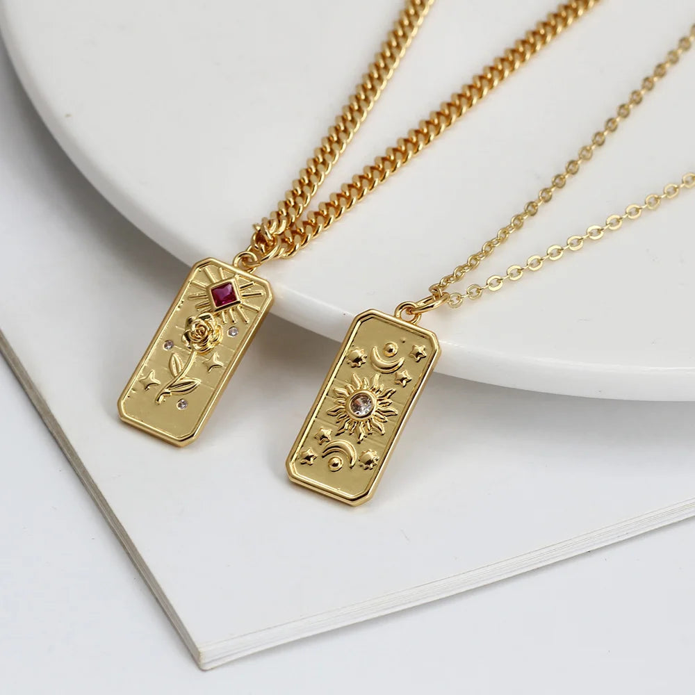 Wish Card Tarot Enamel Pendant Necklace Star Moon Rose Charm Necklace For Women Fashion Jewelry Party Gift Gold Color Necklace