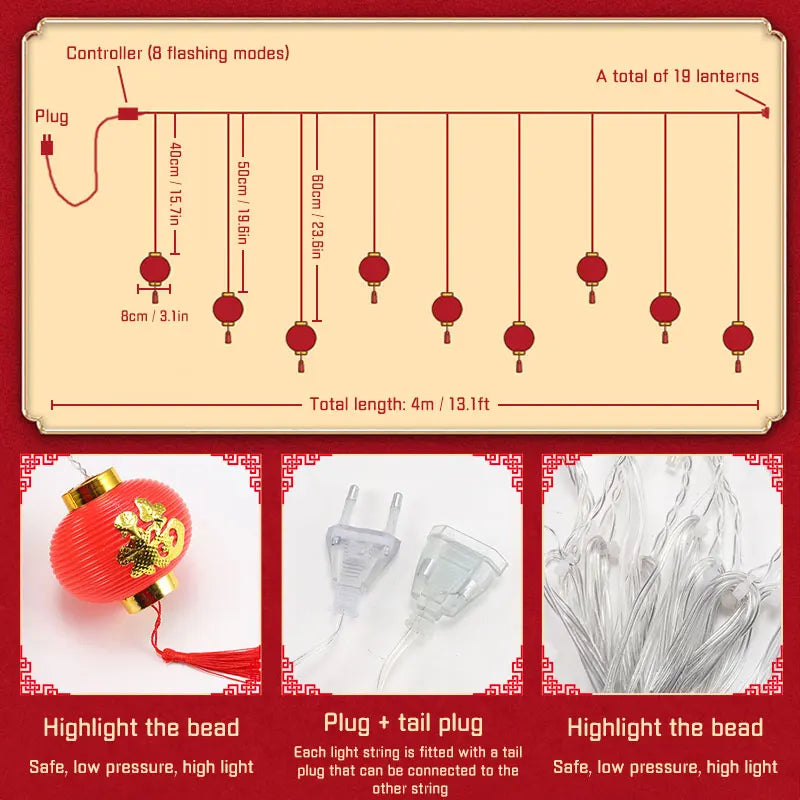 2025 Chinese New Year Decoration 8 Mode Chinese Lantern String Light Traditional Festival LED Red Lantern For Outdoor And Indoor