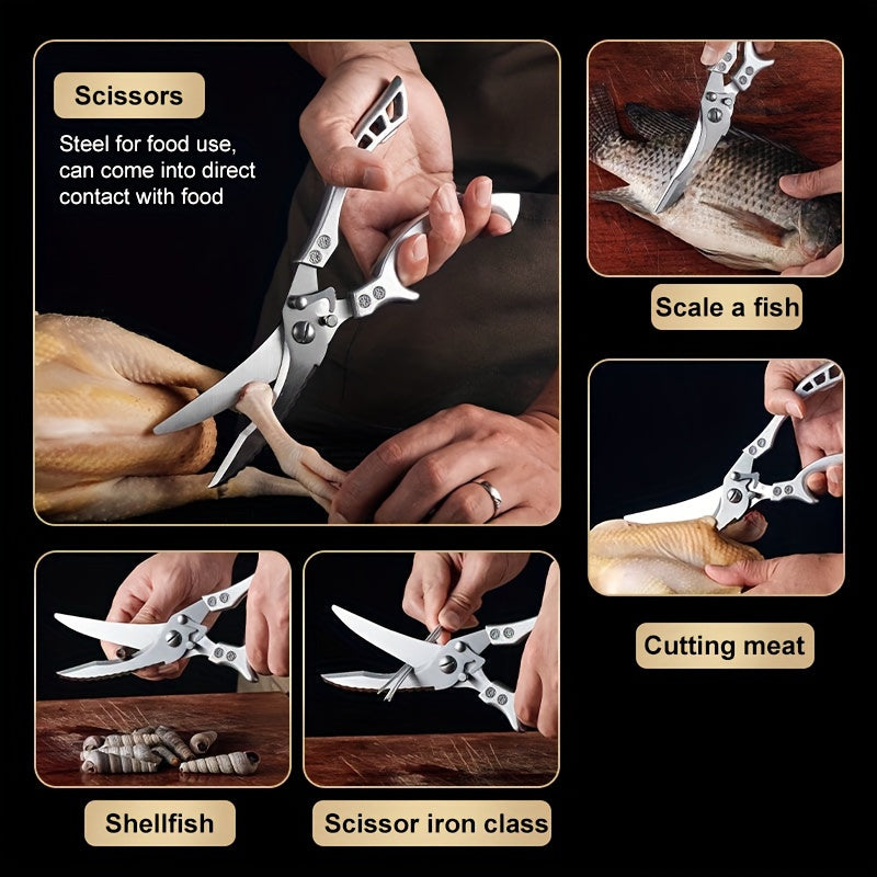 1pc Stainless Steel Kitchen Scissors - Ultra-Sharp & Rust-Resistant - Multipurpose for Fish, Meat, Chicken, Fruits, Vegetables - Durable Ergonomic Design - Essential Kitchen Tool