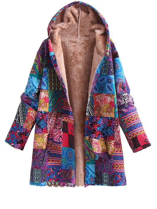 Plus Size Bohemian Chic Coat - Warm Fleece Lined with Colorful Patchwork Print, Long Sleeve Button Up Hooded Tunic for Women - Complete with Handy Pockets