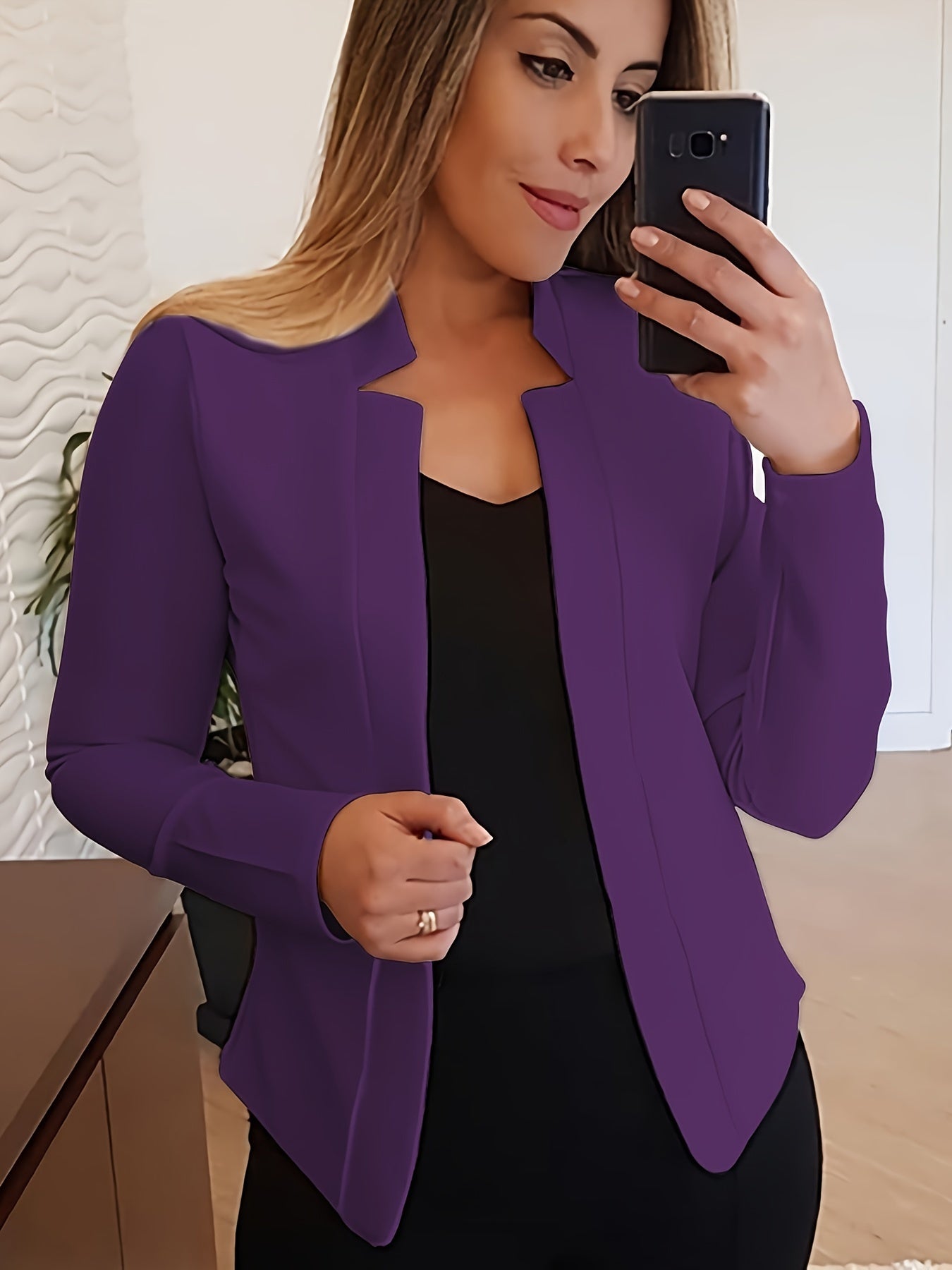 Chic Womens Fitted Blazer - Versatile Open Front Design - Tailored for Office Elegance - Long Sleeve Comfort