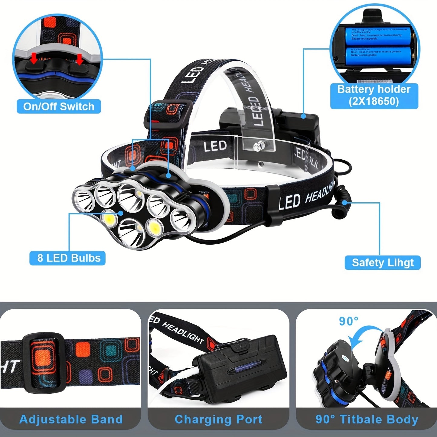 Rechargeable Headlamp, 8 LED Headlamp with Red Light, USB Headlight, Head Lamp, 8 Modes for Outdoor Running Hunting Hiking Camping Gear
