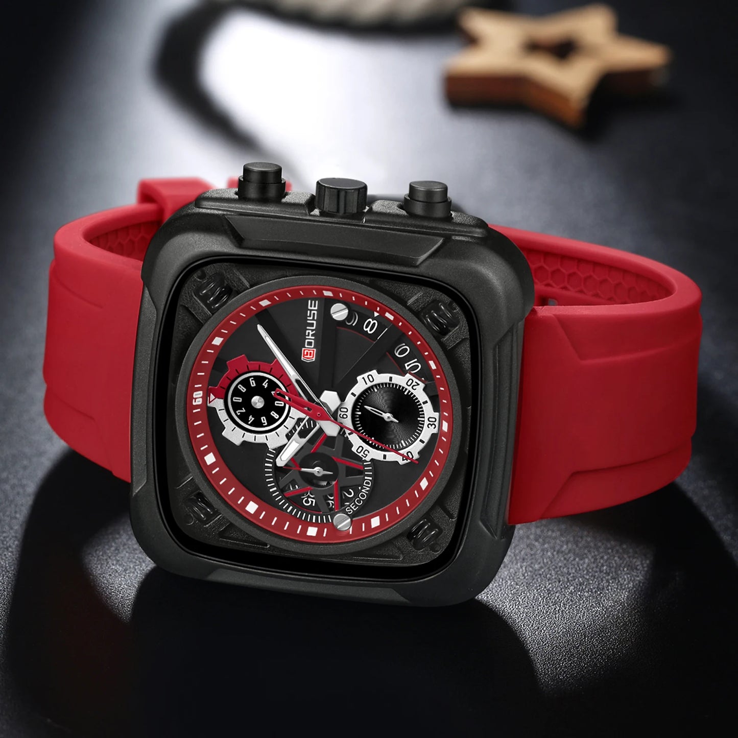 BORUSE Mens Chronograph Watches for Men Red Silicone Watches Male Business Quartz Clock Waterproof Watch