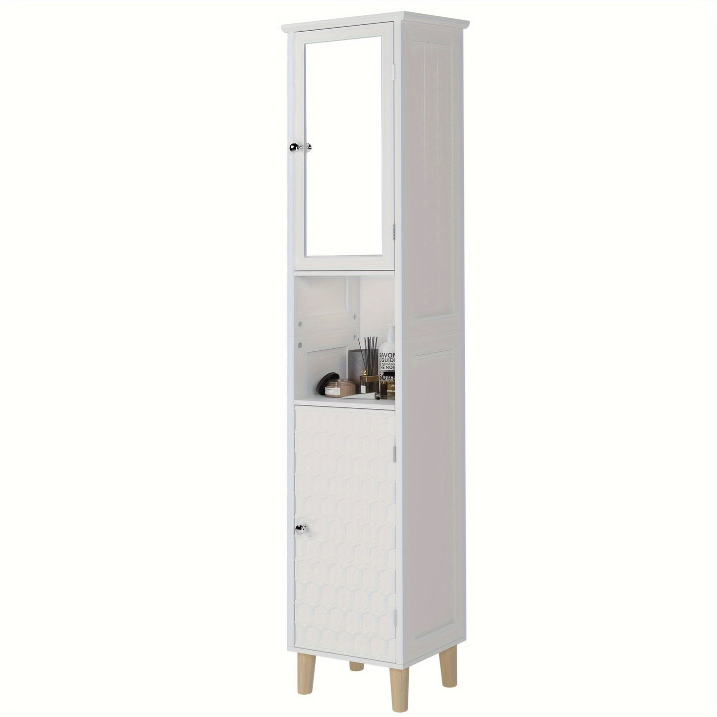 SOGES Bathroom Tall Storage Cabinet with 3-Tier Open Shelves, Freestanding Tall BathroomCabinets with 1-Mirror Door, Tall Lined Tower for Bathroom, Living Room and Bedroom, White