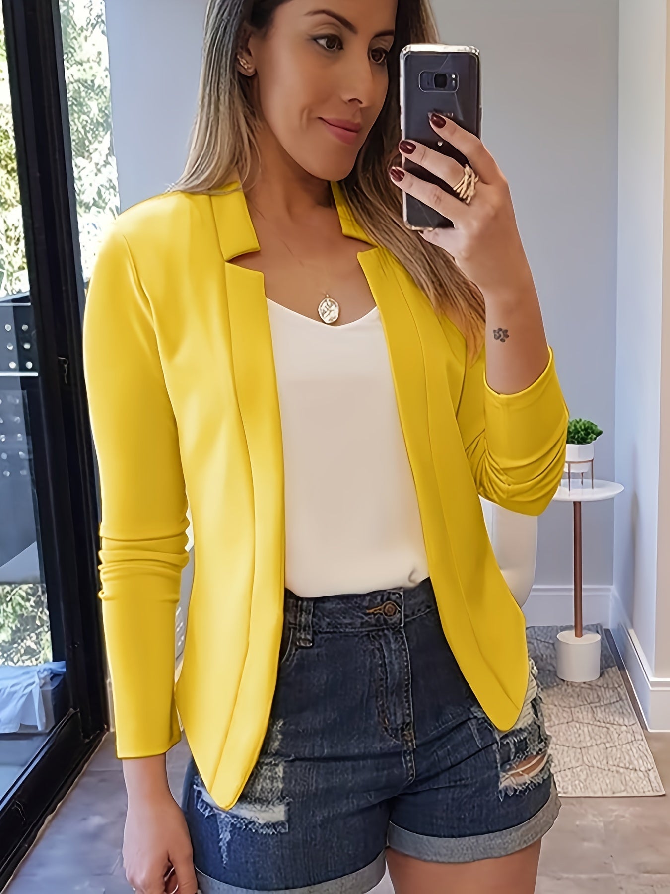 Chic Womens Fitted Blazer - Versatile Open Front Design - Tailored for Office Elegance - Long Sleeve Comfort