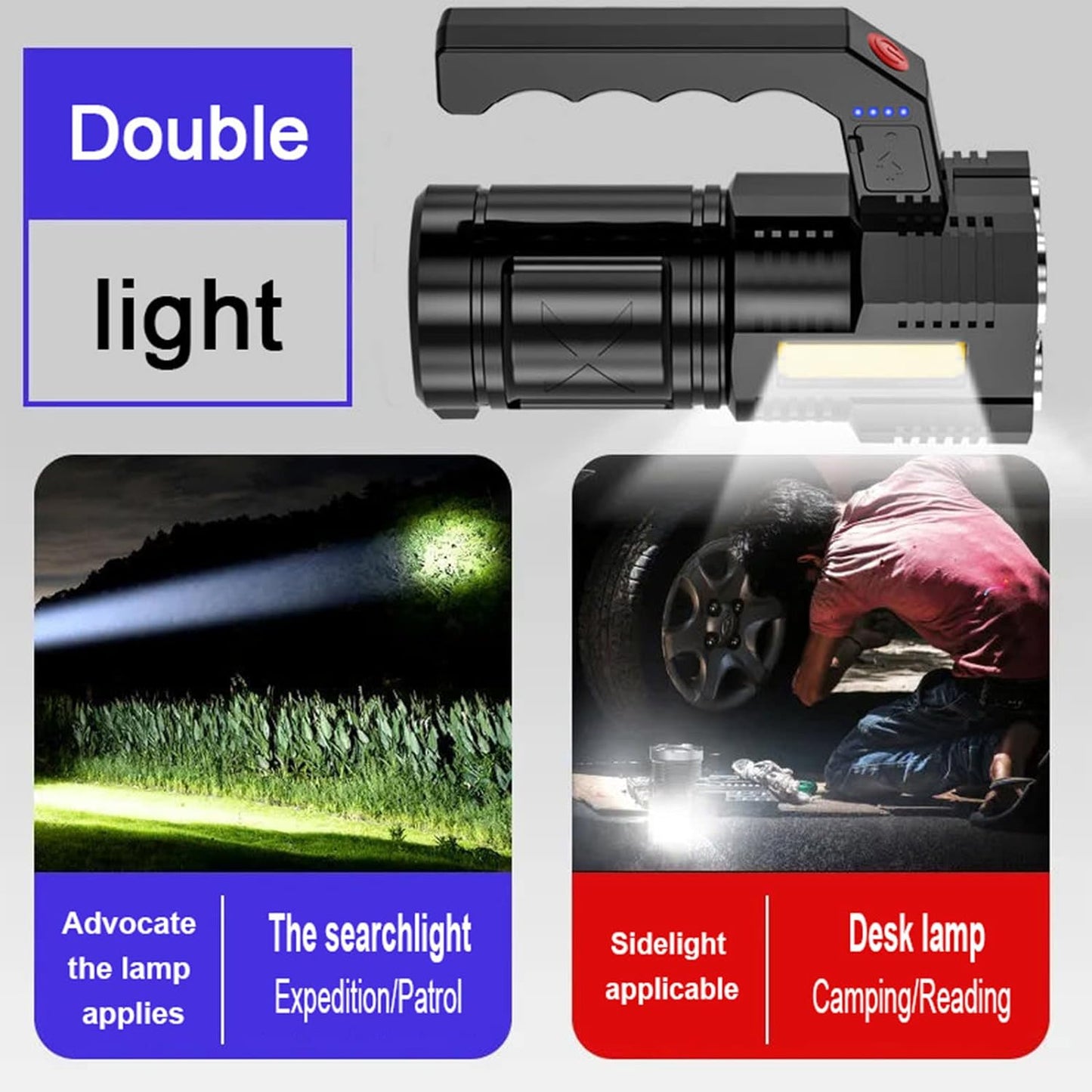 Handheld Strong Light Flashlight USB Rechargeable LED Flashlights with Two Types of Light, Super Bright Long Range Flashlight with 4 Modes, Large Searchlight for Fishing, Hiking and Camping