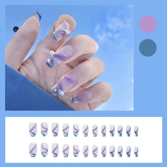 24pcs Mid Length Fake Nails Ballet Removable Wear Full Cover Coffin Head Press on Nail Artificial Manicure Patch False Nail Tips