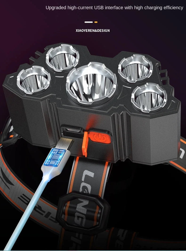 Super Brightest Powerful 5 LED Headlamp Rechargeable Headlamps Waterproof Headlights Head Torch Outdoor Camping Running Lighting
