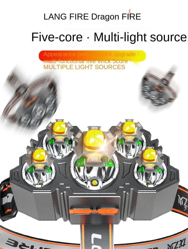 Super Brightest Powerful 5 LED Headlamp Rechargeable Headlamps Waterproof Headlights Head Torch Outdoor Camping Running Lighting