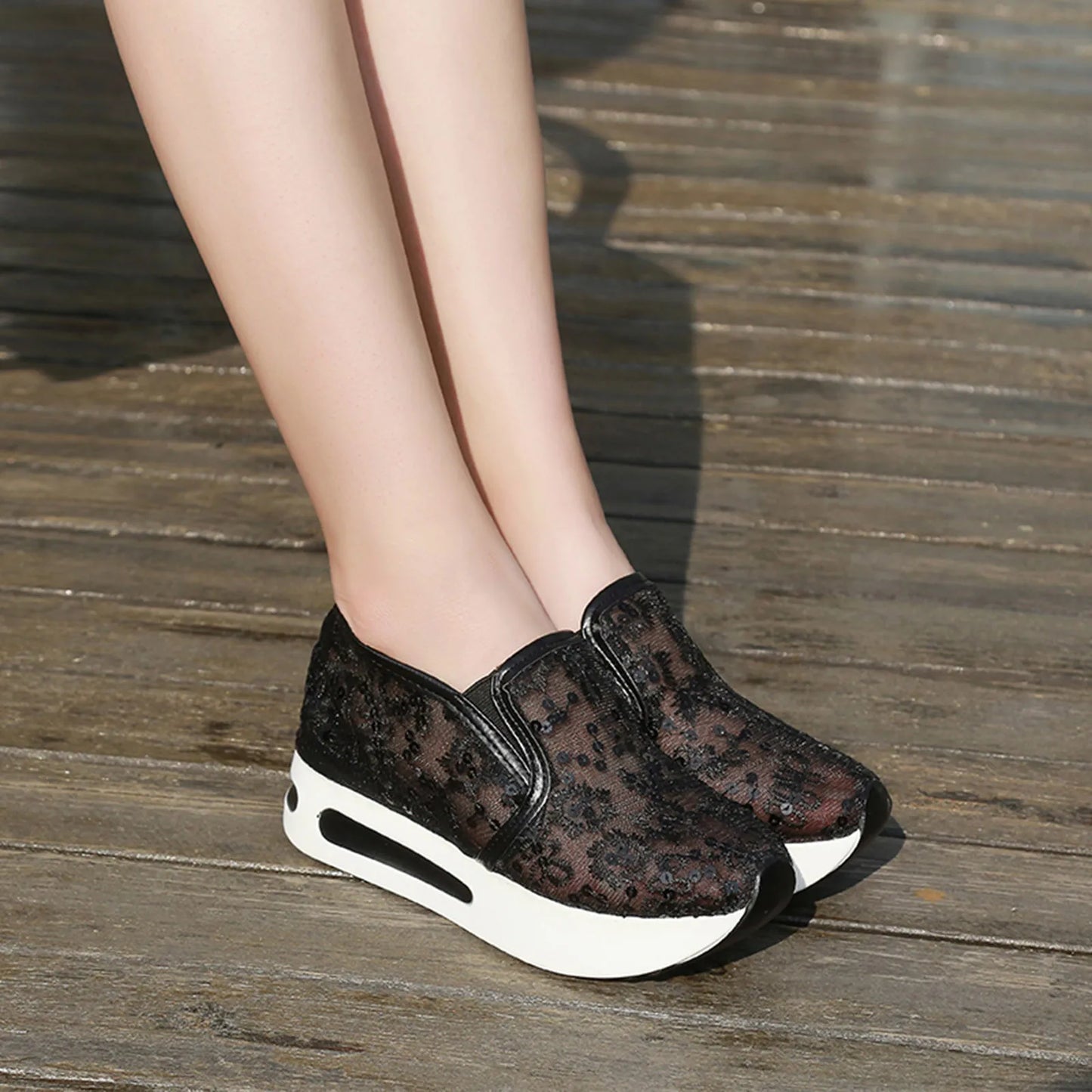 Ladies Slip-On Sequin Loafers Breathable Thick Soled Casual Sports Vulcanized Shoes Womens Colorblock Thick Platform Sneakers