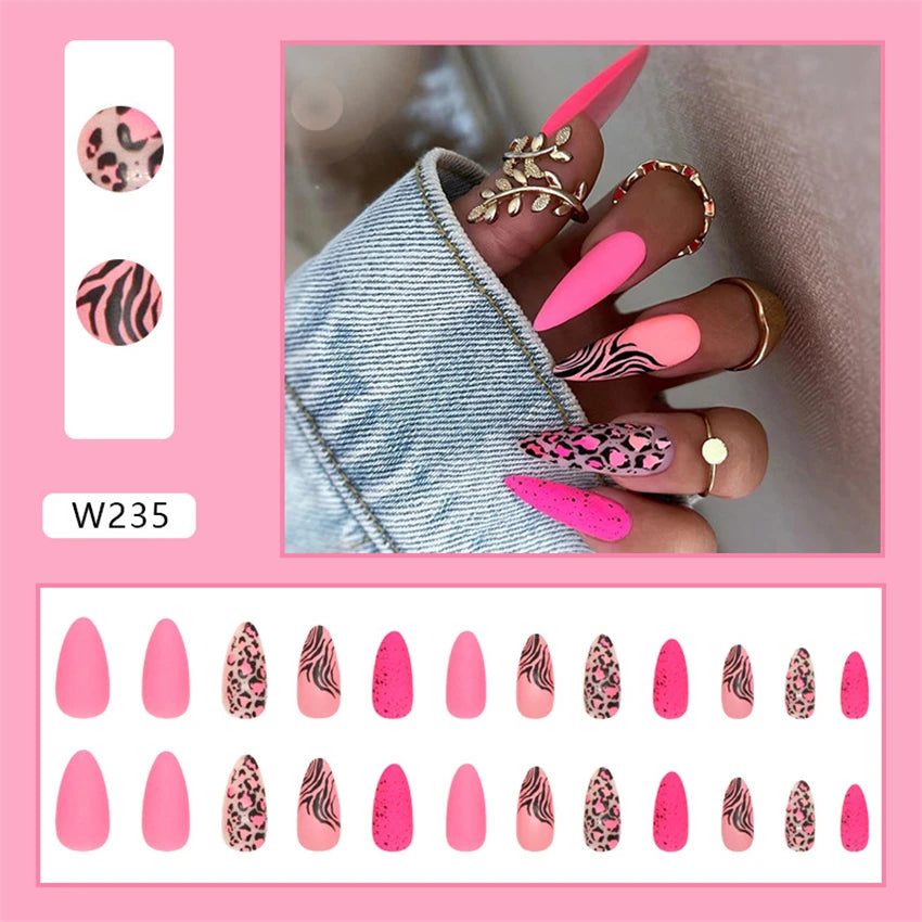24Ps/Set Square Head Coffin Wearing False Nails Art Pink Matte French Fake Nails Leopard Artificial Acrylic White Press on Nails