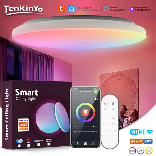 Tuya WiFi Smart Ceiling LED Lamp RGB Dimmable Music Sync Round Ceiling Light Ambient Light for Living Room Bedroom Home Decor