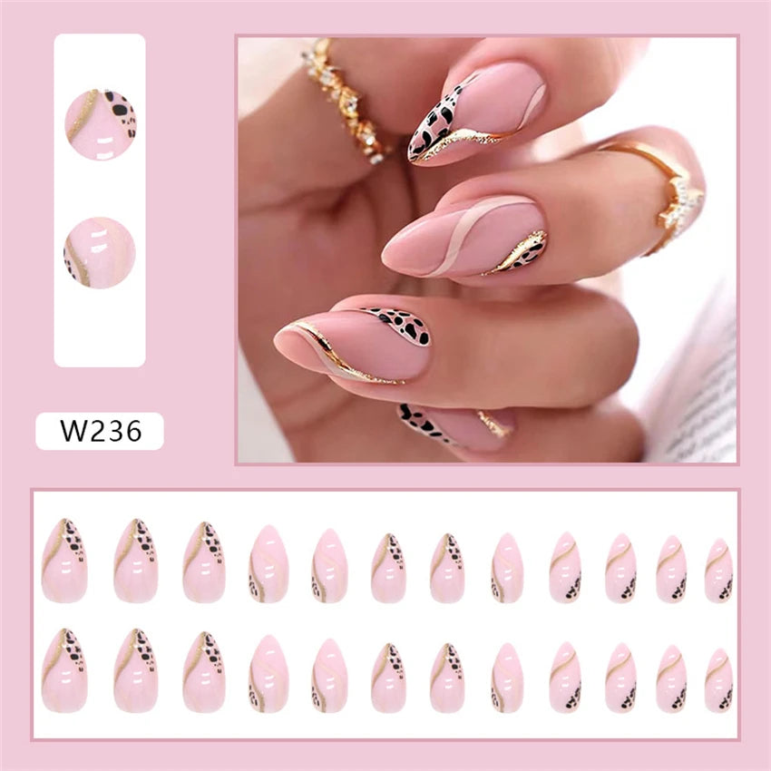 24Ps/Set Square Head Coffin Wearing False Nails Art Pink Matte French Fake Nails Leopard Artificial Acrylic White Press on Nails