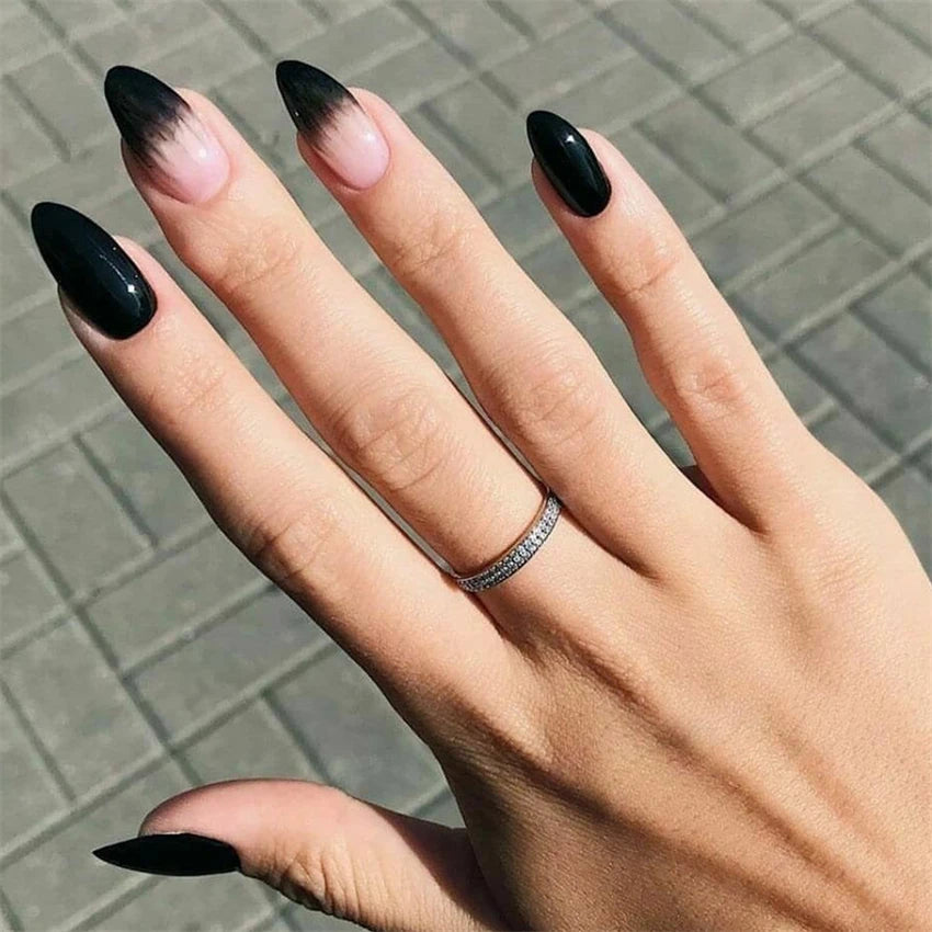 24Pcs/Set Medium Long Oval Acrylic Press on Nails Artificial Full Cover Wearing False Nails Black Gradient Almond Fake Nails Art