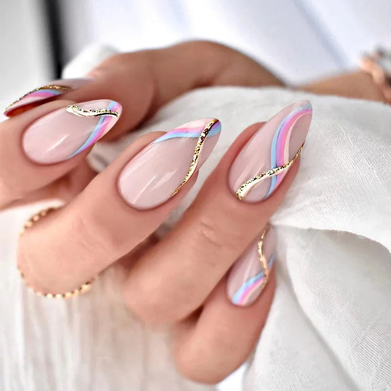 24pcs Light Green Stripe Gradient Wearing Fake Nails Seamless Removable Full Cover Long False Nails Press On Nails With Designs