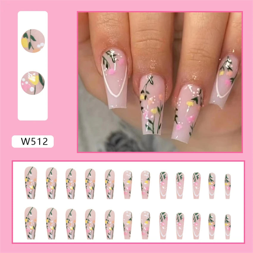 24Ps/Set Square Head Coffin Wearing False Nails Art Pink Matte French Fake Nails Leopard Artificial Acrylic White Press on Nails