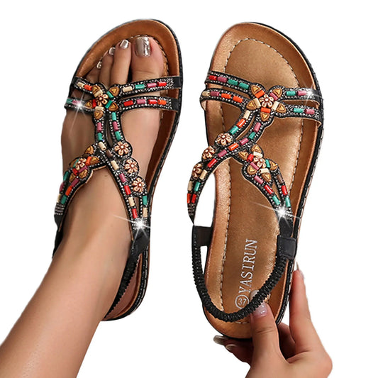 Bohemian Style Flat Sandals for Women 2023 Summer Rhinestone Beads Casual Sandals Woman Plus Size Platform Beach Shoes Zapatos
